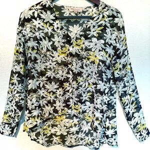 Philosophy Chiffon Floral Yellow & Black Semi Sheer Button Up Top Women Size PS